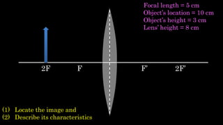 F F’2F 2F’
(1) Locate the image and
(2) Describe its characteristics
Focal length = 5 cm
Object’s location = 10 cm
Object’s height = 3 cm
Lens’ height = 8 cm
 