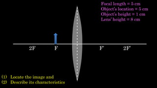 F F’2F 2F’
(1) Locate the image and
(2) Describe its characteristics
Focal length = 5 cm
Object’s location = 5 cm
Object’s height = 1 cm
Lens’ height = 8 cm
 