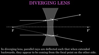 F’F
In diverging lens, parallel rays are deflected such that when extended
backwards, they appear to be coming from the focal point on the other side.
DIVERGING LENS
 