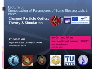 Dr. Omer Sise
Afyon Kocatepe University, TURKEY
omersise@aku.edu.tr
Lecture 3.
Computation of Parameters of Some Electrostatic L
enses
Charged Particle Optics:
Theory & Simulation
My Current Adress:
Suleyman Demirel University, TURKEY
omersise@sdu.edu.tr
omersise.com
 