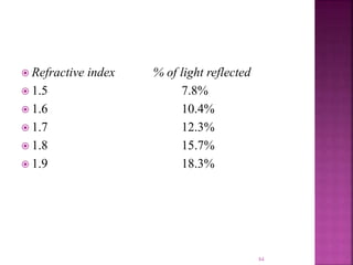  Refractive index % of light reflected
 1.5 7.8%
 1.6 10.4%
 1.7 12.3%
 1.8 15.7%
 1.9 18.3%
84
 