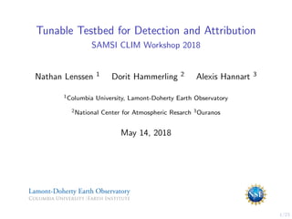 1/23
Tunable Testbed for Detection and Attribution
SAMSI CLIM Workshop 2018
Nathan Lenssen 1 Dorit Hammerling 2 Alexis Hannart 3
1Columbia University, Lamont-Doherty Earth Observatory
2National Center for Atmospheric Resarch 3Ouranos
May 14, 2018
 
