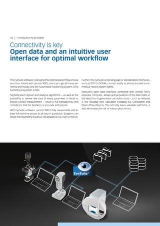 The EyeSuite software is designed for optimal patient flow in busy
practices. Paired with Lenstar 900’s one scan – get all measure-
ments technology and the Automated Positioning System (APS)
biometry acquisition is fast.
Sophisticated capture and analysis algorithms − as well as the
possibility to review raw data of every parameter in detail to
ensure correct measurement − result in full transparency and
confidence that the biometry is accurate and precise.
With EyeSuite software, Lenstar 900 is fully networkable and al-
lows full real-time access to all data in a practice. Surgeons can
check their biometry results or recalculate an IOL even in the OR.
10	| 11 EYESUITE PLATFORM
Connectivity is key
Open data and an intuitive user
interface for optimal workflow
Further, the EyeSuite script language or standardized interfaces,
such as GDT or DICOM, connect easily to almost any electronic
medical record system (EMR).
EyeSuite’s open data interface, combined with Lenstar 900’s
separate computer, allows autopopulation of the data fields in
the latest fourth generation calculation tools − such as Holladay
2, the Holladay toric calculator (Holladay IOL Consultant) and
Olsen (PhacoOptics). This not only saves valuable staff time, it
also eliminates the risk of transcription errors.
 