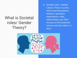 What is Societal
roles/ Gender
Theory?
● Societal roles / Gender
Literary Theory is a lens
which examine patterns
related to gendered
expectations, roles,
relationships, and often
focuses on the treatment
women and men roles in a
story.
 