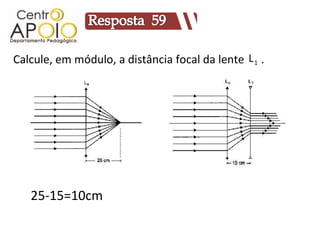 Calcule, em módulo, a distância focal da lente L 1 .




   25-15=10cm
 