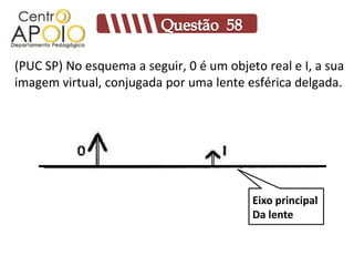 (PUC SP) No esquema a seguir, 0 é um objeto real e I, a sua
imagem virtual, conjugada por uma lente esférica delgada.




                                          Eixo principal
                                          Da lente
 