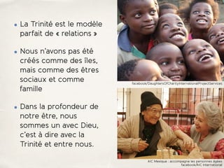 • La Trinité est le modèle
parfait de « relations »
• Nous n’avons pas été
créés comme des îles,
mais comme des êtres
sociaux et comme
famille
• Dans la profondeur de
notre être, nous
sommes un avec Dieu,
c’est à dire avec la
Trinité et entre nous.
facebook/DaughtersOfCharityInternationalProjectServices
AIC Mexique : accompagne les personnes âgées
facebook/AIC International
 