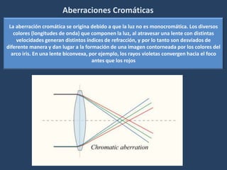 Aberraciones CromáticasLa aberración cromática se origina debido a que la luz no es monocromática. Los diversos colores (longitudes de onda) que componen la luz, al atravesar una lente con distintas velocidades generan distintos índices de refracción, y por lo tanto son desviados de diferente manera y dan lugar a la formación de una imagen contorneada por los colores del arco iris. En una lente biconvexa, por ejemplo, los rayos violetas convergen hacia el foco antes que los rojos