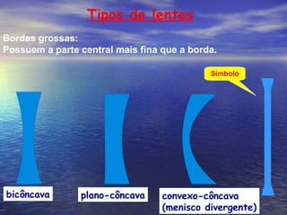 Tipos de lentes
Bordas grossas:
Possuem a parte central mais fina que a borda.

                                            Símbolo




bicôncava       plano-côncava     convexo-côncava
                                  (menisco divergente)
 