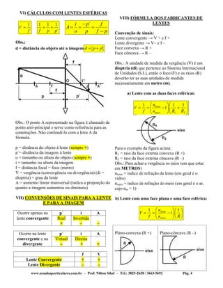 www.nsaulasparticulares.com.br – Prof. Nilton Sihel – Tel.: 3825-2628 / 3663-5692 Pág. 4
VI) CÁLCULOS COM LENTES ESFÉRICAS
f
V
1

´
111
ppf

´i p f
A
o p f p

  

Obs.:
d = distância do objeto até a imagem 'ppd 
Obs.: O ponto A representado na figura é chamado de
ponto anti-principal e serve como referência para as
construções. Não confundi-lo com a letra A da
fórmula.
p = distância do objeto à lente (sempre +)
p´= distância da imagem à lente
o = tamanho ou altura do objeto (sempre +)
i = tamanho ou altura da imagem
f = distância focal = foco (metro)
V = vergência (convergência ou divergência) (di =
dioptria) = grau da lente
A = aumento linear transversal (indica a proporção do
quanto a imagem aumentou ou diminuiu)
VII) CONVENSÕES DE SINAIS PARA A LENTE
E PARA A IMAGEM
Ocorre apenas na p´ i A
lente convergente Real
+
Invertida
– –
Ocorre na lente p´ i A
convergente e na
divergente
Virtual
–
Direita
+ +
f V
Lente Convergente + +
Lente Divergente – –
VIII) FÓRMULA DOS FABRICANTES DE
LENTES
Convenção de sinais:
Lente convergente → V + e f +
Lente divergente → V– e f –
Face convexa → R +
Face côncava → R –
Obs.: A unidade de medida da vergência (V) é em
dioptria (di) que pertence ao Sistema Internacional
de Unidades (S.I.), então o foco (F) e os raios (R)
deverão ter as suas unidades de medida
necessariamente em metro (m).
a) Lente com as duas faces esféricas:













21
11
.1
1
RRn
n
f
V
meio
lente
Para o exemplo da figura acima:
R1 = raio da face externa convexa (R +)
R2 = raio da face externa côncava (R –)
Obs.: Para achar a vergência os raios tem que estar
em METROS)
nlente = índice de refração da lente (em geral é o
vidro)
nmeio = índice de refração do meio (em geral é o ar,
cujo nar = 1)
b) Lente com uma face plana e uma face esférica:













Rn
n
f
V
meio
lente 1
.1
1
Plano-convexa (R +) Plano-côncava (R –)
 