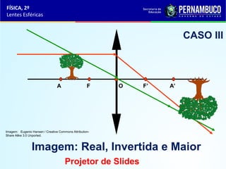 FÍSICA, 2º
Lentes Esféricas

CASO III

A

F

O

F’

A’

Imagem: Eugenio Hansen / Creative Commons AttributionShare Alike 3.0 Unported.

Imagem: Real, Invertida e Maior
Projetor de Slides

 