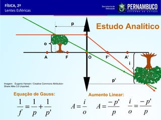 FÍSICA, 2º
Lentes Esféricas

p

Estudo Analítico

o
A

F

O

F’

A’

i

p’

Imagem: Eugenio Hansen / Creative Commons AttributionShare Alike 3.0 Unported.

Equação de Gauss:

1 1 1
= +
f
p p'

Aumento Linear:

i
A=
o

− p'
A=
p

i − p'
=
o
p

 
