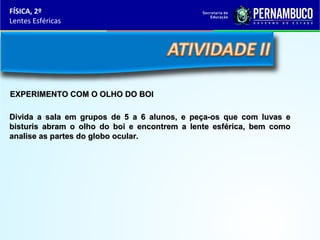 FÍSICA, 2º
Lentes Esféricas

EXPERIMENTO COM O OLHO DO BOI
Divida a sala em grupos de 5 a 6 alunos, e peça-os que com luvas e
bisturis abram o olho do boi e encontrem a lente esférica, bem como
analise as partes do globo ocular.

 
