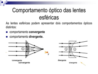 As lentes esféricas podem apresentar dois comportamentos ópticos distintos:
 comportamento convergente
 comportamento divergente.
Comportamento óptico das lentes esféricas
 