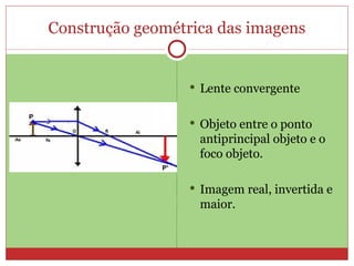 Construção geométrica das imagens


                   Lente convergente


                   Objeto entre o ponto
                   antiprincipal objeto e o
                   foco objeto.

                   Imagem real, invertida e
                   maior.
 