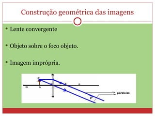 Construção geométrica das imagens

 Lente convergente


 Objeto sobre o foco objeto.


 Imagem imprópria.
 