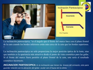 La inclinación pantoscópica, “es el ángulo que el frente del marco hace con el plano frontal
de la cara cuando los bordes inferiores están más cerca de la cara que los bordes superiores.
"
La inclinación pantoscópica no solo proporciona la mejor posición óptica de la lente, sino
que también es la apariencia más atractiva desde el punto de vista cosmético para las gafas.
Si el frente del marco fuera paralelo al plano frontal de la cara, este sería el resultado
cosmético incorrecto.
INCLINACION PANTOSCOPICA: Es la inclinación que tienen los brazos del armazón, esto para
guardar relación con la ubicación del globo ocular con el hueso de la orbita.
 