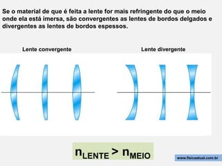 Se o material de que é feita a lente for mais refringente do que o meio
onde ela está imersa, são convergentes as lentes de bordos delgados e
divergentes as lentes de bordos espessos.


      Lente convergente                        Lente divergente




                          nLENTE > nMEIO                   www.fisicaatual.com.br
 