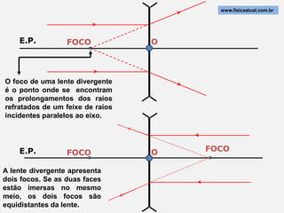 www.fisicaatual.com.br




    E.P.          FOCO            O



O foco de uma lente divergente
é o ponto onde se encontram
os prolongamentos dos raios
refratados de um feixe de raios
incidentes paralelos ao eixo.




    E.P.          FOCO            O   FOCO

A lente divergente apresenta
dois focos. Se as duas faces
estão imersas no mesmo
meio, os dois focos são
equidistantes da lente.
 