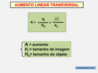 AUMENTO LINEAR TRANSVERSAL


            HI        di
      A=          =
            HO        do




    A = aumento
    Hi = tamanho da imagem
    Ho= tamanho do objeto

                             www.fisicaatual.com.br
 