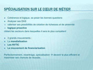 SPÉCIALISATION SUR LE CŒUR DE MÉTIER
 Cohérence et logique, se poser les bonnes questions
 Analyser ses DAS
 valoriser ses possibilités de création de richesses et de pérennité
 logique proactive
ciblant les secteurs dans lesquelles il sera le plus compétent
 3 grands mouvements :
 La mondialisation
 Les NVTIC
 Le mouvement de financiarisation
Perfectionnement, recentrage, spécialisation  devenir le plus efficient et
maximiser ses chances de réussite.
 