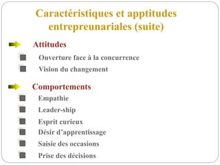 Caractéristiques et apptitudes
entrepreunariales (suite)
Attitudes
Comportements
Ouverture face à la concurrence
Vision du changement
Empathie
Leader-ship
Esprit curieux
Désir d’apprentissage
Saisie des occasions
Prise des décisions
 