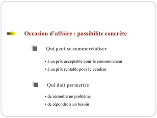 Occasion d’affaire : possibilite concrète
Qui peut se commercialiser
Qui doit permettre
• à un prix acceptable pour le consommateur
• à un prix rentable pour le vendeur
• de résoudre un problème
• de répondre à un besoin
 
