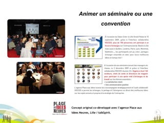 8
8
Animer un séminaire ou une
convention
Concept original co-développé avec l’agence Place aux
Idées Neuves, Lille / talkSpirit.
 