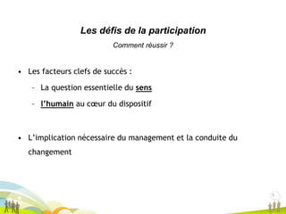 9
9
• Les facteurs clefs de succès :
– La question essentielle du sens
– l’humain au cœur du dispositif
• L’implication nécessaire du management et la conduite du
changement
Les défis de la participation
Comment réussir ?
 