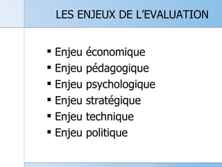 LES ENJEUX DE L’EVALUATION Enjeu économique Enjeu pédagogique Enjeu psychologique Enjeu stratégique Enjeu technique Enjeu politique 