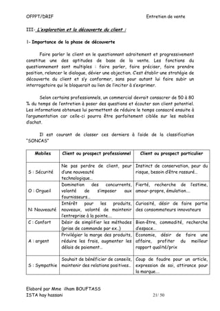OFPPT/DRIF                                                  Entretien de vente

III- L’exploration et la découverte du client :

1- Importance de la phase de découverte

       Faire parler le client en le questionnant adroitement et progressivement
constitue une des aptitudes de base de la vente. Les fonctions du
questionnement sont multiples : faire parler, faire préciser, faire prendre
position, relancer le dialogue, dévier une objection. C’est établir une stratégie de
découverte du client et s’y conformer, sans pour autant lui faire subir un
interrogatoire qui le bloquerait au lien de l’inciter à s’exprimer.

       Selon certains professionnels, un commercial devrait consacrer de 50 à 80
% du temps de l’entretien à poser des questions et écouter son client potentiel.
Les informations obtenues lui permettent de réduire le temps consacré ensuite à
l’argumentation car celle-ci pourra être parfaitement ciblée sur les mobiles
d’achat.

     Il est courant de classer ces derniers à l’aide de la classification
“SONCAS”

    Mobiles       Client ou prospect professionnel        Client ou prospect particulier

                 Ne pas perdre de client, peur          Instinct de conservation, peur du
S : Sécurité     d’une nouveauté                        risque, besoin d’être rassuré…
                 technologique…
                 Domination      des     concurrents,   Fierté, recherche de l’estime,
O : Orgueil      volonté     de     s’imposer    aux    amour-propre, émulation….
                 fournisseurs…
                 Intérêt     pour     les   produits,   Curiosité, désir de faire partie
N: Nouveauté     nouveaux, volonté de maintenir         des consommateurs innovateurs
                 l’entreprise à la pointe….
C : Confort      Désir de simplifier les méthodes       Bien-être, commodité, recherche
                 (prise de commande par ex..)           d’espace…
                 Privilégier la marge des produits,     Economie, désir de faire une
A : argent       réduire les frais, augmenter les       affaire, profiter du meilleur
                 délais de paiement…                    rapport qualité/prix

              Souhait de bénéficier de conseils, Coup de foudre pour un article,
S : Sympathie maintenir des relations positives.. expression de soi, attirance pour
                                                  la marque.…


Elaboré par Mme ilham BOUFTASS
ISTA hay hassani                                                21/ 50
 