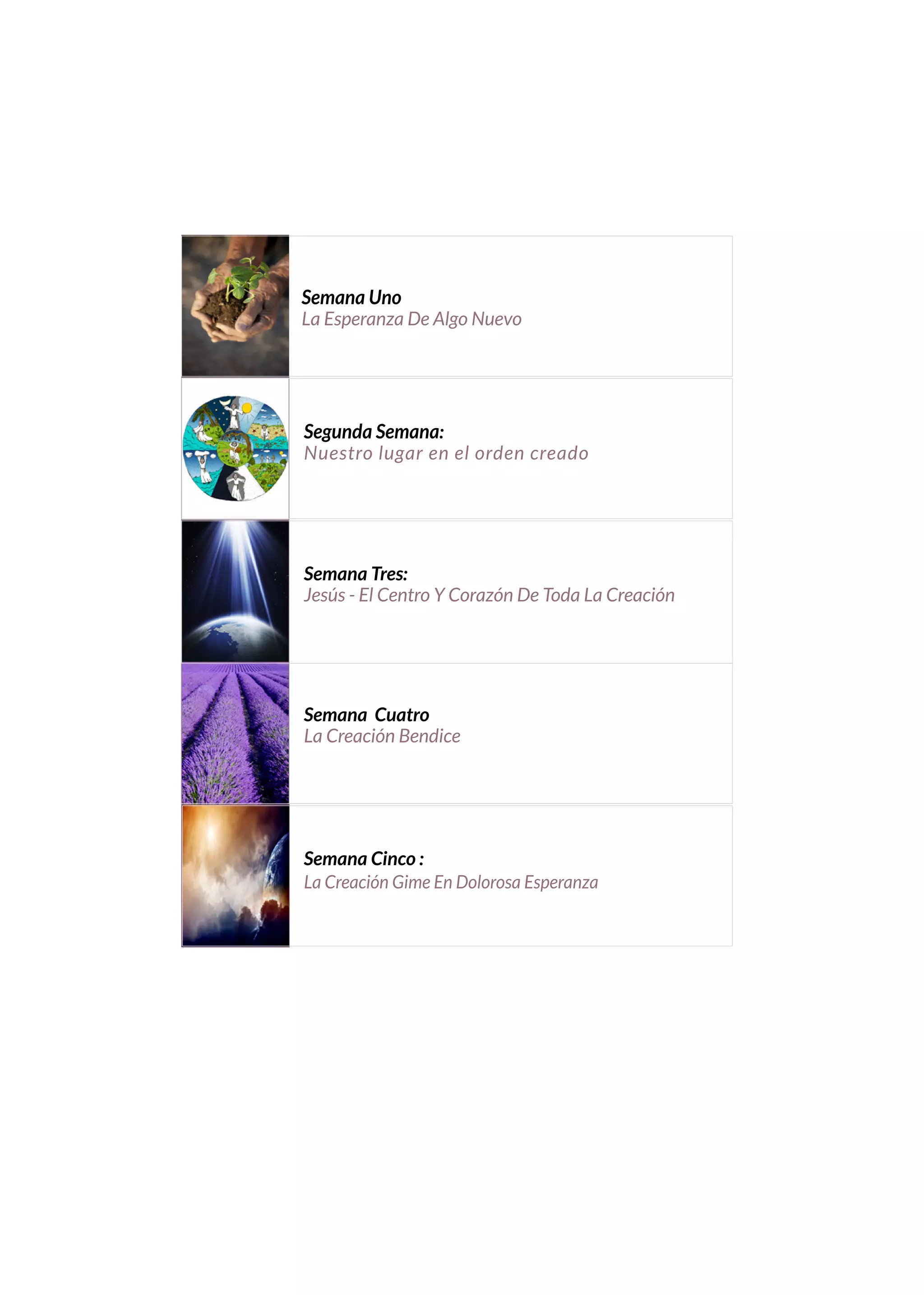 Semana Uno
La	Esperanza	De	Algo	Nuevo




Segunda Semana:
Nuestro	lugar	en	el	orden	creado




Semana Tres:
Jesús	-	El	Centro	Y	Corazón	De	Toda	La	Creación




Semana Cuatro
La	Creación	Bendice	




Semana Cinco :
La	Creación	Gime	En	Dolorosa	Esperanza
 