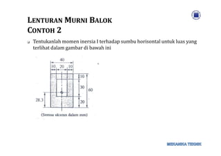 LLENTURANENTURAN MMURNIURNI BBALOKALOK
CCONTOHONTOH 22
Tentukanlah momen inersia I terhadap sumbu horisontal untuk luas yang
terlihat dalam gambar di bawah ini
 