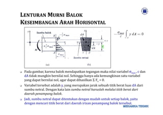 LLENTURANENTURAN MMURNIURNI BBALOKALOK
KKESEIMBANGANESEIMBANGAN AARAHRAH HHORISONTALORISONTAL
Pada gambar, karena balok mendapatkan tegangan maka nilai variabel σmax , c dan
dA tidak mungkin bernilai nol. Sehingga hanya ada kemungkinan satu variabel
yang dapat bernilai nol, agar dapat dihasilkan Σ Fx = 0.
Variabel tersebut adalah y, yang merupakan jarak sebuah titik berat luas dA dari
sumbu netral. Dengan kata lain sumbu netral haruslah melalui titik berat dari
daerah penampang balok.
Jadi, sumbu netral dapat ditentukan dengan mudah untuk setiap balok, yaitu
dengan mencari titik berat dari daerah irisan penampang balok tersebut.
 