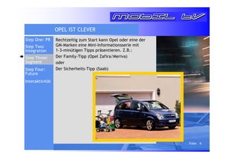 Folie 4 
OPEL IST CLEVER 
Rechtzeitig zum Start kann Opel oder eine der 
GM-Marken eine Mini-Informationsserie mit 
1-3-minütigen Tipps präsentieren. Z.B.: 
Der Family-Tipp (Opel Zafira/Meriva) 
oder 
Der Sicherheits-Tipp (Saab) 
Step One: PR 
Step Two: 
Integration 
Step Three: 
Segment 
Step Four: 
Future 
Interaktivität 
 