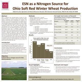 Edwin M. Lentz, Agriculture and Natural Resources Educator, OSU Extension-Hancock County, 7868 CR 140, Findlay OH 45840


Abstract                                                              Methods                                                                      Test weight, head number, and flag leaf N
ESN is a relatively new controlled-release N product for Ohio         •         Medium maturity variety – Hopewell                                 concentration means in response to 80 lb N/acre
wheat production. It is a polymer coated urea that the nitrogen       •         Nitrogen applied prior to planting – 25 lb/acre
release is dependent upon temperature and moisture. The               •         Plot dimension – 10 x 70 ft
                                                                                                                                                   from various N sources
objective of this study was to evaluate ESN as a nitrogen source      •         Seeded at 1.6 million seeds per acre into soybean stubble -                                  Test Weight       Heads          Flag leaf
                                                                                                                                                   N Source
for wheat production in northwest Ohio. In Fall 2009, medium-                   no-till, seeded within 7 days of fly-free date                                                  lb/bu          /ft row          N%
maturity variety ‘Hopewell’ was established into soybean stubble      •         Leaf analysis at heading - 50 flag leaves collected per plot
on the OARDC Northwest Research Station near Custar, Ohio.            •         Five treatments broadcast applied at early green-up, 80 lb         Urea                          58.9c           52.0           3.8
Treatments included Urea, ESN, 75:25 urea:ESN blend, 50:50                      N/acre
urea:ESN blend, and a 25:75 urea:ESN blend. A nitrogen rate of                             o Urea 46-0-0                                           75 Urea: 25 ESN               58.8c           52.0           3.7
80 pounds per acre was applied at greenup for each treatment.                              o ESN 44-0-0
Experimental design was a completely randomized block                                      o 75:25 Blend – 75% Urea, 25% ESN
replicated four times. Analysis was a simple ANOVA. Grain yield,                           o 50:50 Blend – 50% Urea, 50% ESN                       50 Urea: 50 ESN               59.5ab          52.0           3.8
test weight, spike number, and N uptake were measured for each                             o 25:75 Blend – 25% Urea, 75% ESN
treatment. Significant differences were observed among                •         Experimental design - randomized block replicated four times       25 Urea: 75 ESN               59.2bc          44.0           3.7
treatments for yield. ESN yields were significantly less than urea    •         Statistical analysis – simple ANOVA
and the 75:25 and 50:50 urea:ESN blends. The 75:25 urea:ESN
and 50:50 urea:ESN blends were similar to urea. Yields of the         Results                                                                      ESN                           59.9a           44.0           3.5
25:75 urea:ESN blend was similar to ESN. ESN alone would not be
an adequate N source for wheat production in northwest Ohio.                                        Grain yield for ESN, Urea and                  lsd0.05                        0.5             ns             ns
It may be a viable product when blended with urea as long as the
blend contains more than 50% urea.                                                           78     Urea-ESN blend Treatments
                                                                                                                                                   cv                             0.5            11.1           5.1

Introduction                                                                                 76      77.1                                          means with different letters are significantly different
Environmentally Smart Nitrogen (ESN®) is a relatively new                                                                                          ns - no significance difference among means (p<0.05)
                                                                                             74                       75.4
technology fertilizer for the wheat industry in Ohio. It is a                                                                      lsd0.05 = 3.9
                                                                          bushels per acre




polymer-coated urea product developed to perform as a                                                        74.0
controlled-release nitrogen fertilizer. Limited University research                          72
has been completed in Ohio that compares ESN to urea. Since                                                                                        Conclusions
ESN is more expensive to manufacture than urea, industry would                               70
                                                                                                                                                   •    Lower yields may occur when ESN is applied as the only spring
like to blend ESN with urea to lower the cost per acre;                                                                         70.0
                                                                                                                                                        N source compared to urea
information is lacking on the potential benefits or problems with                            68
                                                                                                                                           68.3    •    Yields may be similar between urea-ESN blends and urea
urea:ESN blends.
                                                                                             66                                                         provided that urea contributes 50% or more of the total N
                                                                                                                                                        requirements
Objective                                                                                    64                                                    •    Limited N released early in the spring growing season may have
Evaluate ESN as a nitrogen source for Ohio                                                   62
                                                                                                                                                        lowered yields from ESN alone as suggested by the decrease in
                                                                                                                                                        number of heads compared to urea
wheat production                                                                                     Urea   75 Urea: 50 Urea: 25 Urea:     ESN
                                                                                                             25 ESN 50 ESN 75 ESN                  •    ESN may provide more N later in the growing season than urea
                                                                                                                                                        as suggested by the increase in test weights
                                                                                                                    N Source

                                                                      Result Highlights                                                            Outreach and Impact
                                                                      •           ESN alone yielded less than urea
                                                                                                                                                   •    Data has been presented at 10 county and regional meetings to
                                                                      •           Urea-ESN blends were similar to urea when blends
                                                                                                                                                        approximately 700 producers, consultants, and retailers
                                                                                  contained ≤50% ESN
                                                                      •           Test weights were larger for ESN alone than urea                 •    As a result of this and other research, industry now blends ESN
                                                                      •           Heads for ESN < urea at p< 0.10, but similar at p<0.05                with urea or ammonium sulfate to minimize risk of yield loss
                                                                      •           Leaf nitrogen concentration was similar among all N                   that may occur from some environments in Ohio
              ESN                              Urea                               sources at heading



                                                                      Acknowledgement
                                                                                                  ESN and urea:ESN blends were provided by Crop Production Services, Attica, OH
 