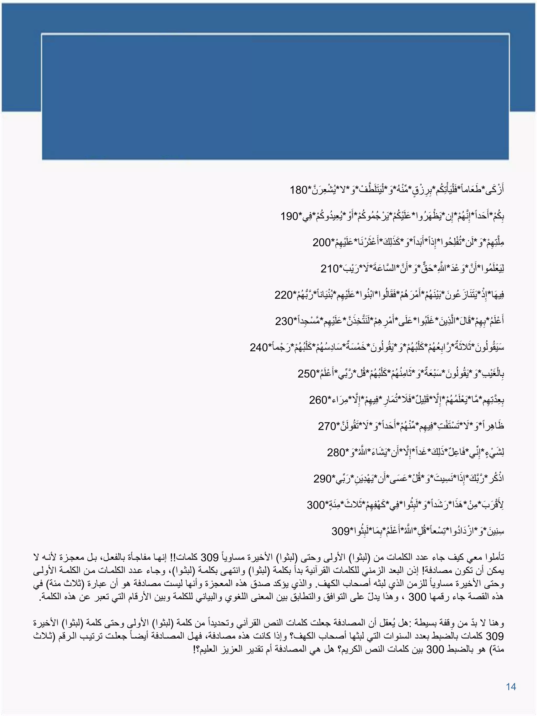 ‫أَاكى*طعَاما*ف ْلٌَؤْتِكم*براق*م ْنم*وَ * ْل ٌَ َتلَطاْ *و*ال*ٌشعِرَ نَّ *081‬
                                                                                          ‫ُ ْ‬   ‫َّ َ‬                  ‫َ ُ ِ ِ ْ ِّ ُ‬               ‫َ‬  ‫ْ َ‬

                                                                         ‫بِكم*أَحَ دا*إ َِّنهم*إِن*ٌَظهرُوا*علَ ٌْكم*ٌرْ جمُوكم*أ َْو*ٌعٌِدوكم*فًِ*091‬
                                                                                 ‫ُ ُ ُْ‬         ‫َ ُْ َ ُ ُْ‬             ‫ْ َ‬      ‫ُْ‬               ‫ُْ‬

                                                                                      ‫ملَّتِهم*و*لَن*تفلِحُوا*إِذا*أَبَدا*و*كذلِع*أَعْ َثرْ نا*علٌَْهم*002‬
                                                                                          ‫َ َ ِْ‬               ‫َ ََ َ‬                    ‫ُْ‬     ‫ِ ِْ َ‬

                                                                                         ‫لِ ٌَعْ لَمُوا*أَنَّ *وعْ د*هللاِ*حَ ق*وَ *أَنَّ *السَّاعة*ال*رَ ٌْبَ *012‬
                                                                                                       ‫َ َ َ‬                        ‫َ َ َّ‬

                                                                       ‫فٌِهَا*إ ِْذ* ٌَ َتنااعونَ * َب ٌْ َنهم*أَمرَ تم*فقالُوا*ا ْبنوا*علٌَْهم*ب ْنٌَانا*رَّ بهم*022‬
                                                                           ‫ُْ‬              ‫ُ َ ِ ُ‬                ‫ُْ ْ ُْ ََ‬                  ‫َ َ ُ‬

                                                                       ‫أَعْ لَم*بهم*وال*الَّذٌِنَ *غلَبُوا*علَى*أَمْرتم*لَ َنتخذنَّ *علٌَْهم*مَّسْ جدا*032‬
                                                                             ‫ِ‬        ‫ِ ِ ْ َّ ِ َ َ ِ‬               ‫َ‬       ‫َ‬            ‫ُ ِِْ َ َ‬

                                                               ‫س ٌَقُولُونَ * َثالثة*رَّابِعهم*ك ْلبهم*و* ٌَقُولُونَ *خمسَة*سَادسهم*ك ْلبهم*رَ جْ ما*042‬
                                                                            ‫ِ ُ ُْ َ ُ ُْ‬      ‫َ ْ‬             ‫ُ ُْ َ ُ ُْ َ‬        ‫َ‬                  ‫َ‬

                                                                                ‫با ْلغ ٌْب*و* ٌَقُولُونَ *س ْبعَة*وَ * َثامنهم*ك ْلبهم*وُل*رَّ بًِّ*أَعْ لَم*052‬
                                                                                    ‫ُ‬                     ‫ُِ ُْ َ ُ ُْ‬               ‫َ‬              ‫ِ َ ِ َ‬

                                                                                                  ‫َ َ ُ ِ ِ ْ َّ‬          ‫ُ ُ ْ َّ َ‬
                                                                                     ‫بِعدتِهم*مَّا* ٌَعْ لَمهم*إِال*ولٌِل*فال*تمَار*فٌِهم*إِال*مِرَ اء*062‬
                                                                                                                                                   ‫ِ َّ ِ‬

                                                                                        ‫ظاتِرا*و*ال* َتسْ َتفت*فٌِهم*م ْنهم*أَحَ دا*وَ *ال* َتقُولَنَّ *072‬
                                                                                                          ‫َ‬             ‫ْ ِ ِ ِّ ُ ْ‬             ‫َ َ‬      ‫َ‬

                                                                                            ‫لِشًْ ء*إ ِِّنً*فاعِل*ذلِع*غَدا*إِال*أَن*ٌشاء*هللا ُ*وَ *082‬
                                                                                                       ‫َ َ َ َّ‬      ‫َّ‬       ‫َ َ‬      ‫َ‬             ‫َ‬

                                                                                      ‫اذكر*رَّ بع*إِذا* َنسِ ٌتَ *و*وُل*عسَى*أَن* ٌَهدٌَن*رَ بًِّ*092‬
                                                                                                  ‫ِْ ِ‬            ‫َ ْ َ‬               ‫َّ َ َ‬      ‫ْ ُ‬

                                                                                    ‫ألَورَ بَ *مِنْ *تذا*رَ شدا*و*لَبثوا*فًِ*كهفِهم* َثالث*م َئة*003‬
                                                                                            ‫َ ِ‬      ‫َ ْ ِْ‬       ‫َ َ ُِ‬         ‫ََ‬             ‫ِ ْ‬

                                                                                              ‫سِ نٌِنَ *وَ *اادَادوا*تِسْ عا*وُل*هللا ُ*أَعْ لَم*بمَا*لَبثوا*903‬
                                                                                                    ‫ُ ِ ُِ‬                ‫ِ َّ‬              ‫ْ ُ‬

‫تؤملوا معً كٌا جاء عدد الكلمات من (لبثوا) األولى وحتى (لبثوا) األخٌرة مساوٌا 903 كلمات!! إنهيا مفاجيؤة بالفعيل، بيل معجياة ألنيم ال‬
‫ٌمكن أن تكون مصادفة! إذن البعد الامنً للكلمات القرآنٌة بدأ بكلمة (لبثوا) وانتهيى بكلمية (لبثيوا)، وجياء عيدد الكلميات مين الكلمية األوليى‬
‫وحتى األخٌرة مساوٌا للامن الذي لبثم أصحاب الكها. والذي ٌإكد صدق تذه المعجاة وأنها لٌست مصادفة تو أن عبارة (ثالث مئة) فً‬
  ‫تذه القصة جاء رومها 003 ، وتذا ٌدل على التوافق والتطابق بٌن المعنى اللغوي والبٌانً للكلمة وبٌن األروام التً تعبر عن تذه الكلمة.‬
                                                                                                     ‫ّ‬

                                                                                                                     ‫ّ‬
‫وتنا ال بد من ووفة بسٌطة :تل ٌُعقل أن المصادفة جعلت كلمات النص القرآنً وتحدٌدا من كلمة (لبثوا) األولى وحتى كلمة (لبثوا) األخٌرة‬
                                                                                                                 ‫ِ‬
‫903 كلمات بالضبط بعدد السنوات التً لبثها أصحاب الكها؟ وإذا كانت تذه مصادفة، فهيل المصيادفة أٌضيا جعليت ترتٌيب اليروم (ثيالث‬
                                             ‫مئة) تو بالضبط 003 بٌن كلمات النص الكرٌم؟ تل تً المصادفة أم تقدٌر العاٌا العلٌم؟!‬


                                                                                                                                                                        ‫41‬
 