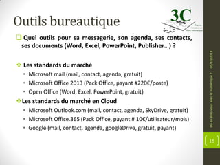 Outils bureautique

• Microsoft mail (mail, contact, agenda, gratuit)
• Microsoft Office 2013 (Pack Office, payant #220€/poste)
• Open Office (Word, Excel, PowerPoint, gratuit)

Les standards du marché en Cloud
• Microsoft Outlook.com (mail, contact, agenda, SkyDrive, gratuit)
• Microsoft Office.365 (Pack Office, payant # 10€/utilisateur/mois)
• Google (mail, contact, agenda, googleDrive, gratuit, payant)

Ou en êtes-vous avec le numérique ?

 Les standards du marché

05/10/2013

 Quel outils pour sa messagerie, son agenda, ses contacts,
ses documents (Word, Excel, PowerPoint, Publisher…) ?

15

 