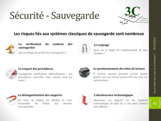 Sécurité - Sauvegarde
du

contenu

des

Le cryptage

Qui se charge de verifier les sauvegardes ?

Quel est le degré de confidentialité de mes
données ?

Le respect des procédures

Le positionnement des têtes de lecture

Sauvegarde, vérification, délocalisation : ces
procédures sont-elles bien suivies tous les
jours ?

Il n’existe aucune garantie qu’une bande
gravée avec un lecteur puisse être lue avec un
autre lecteur.

La démagnétisation des supports

L’obsolescence technologique

Un octet du fichier est illisible et c’est
l’ensemble
du
fichier
qui
devient
irrécupérable.

Retrouver un logiciel ou du matériel
informatique de plus de 2 ans peut s’avérer
très difficile.

Ou en êtes-vous avec le numérique ?

La verification
sauvegardes

05/10/2013

Les risques liés aux systèmes classiques de sauvegarde sont nombreux

41

 
