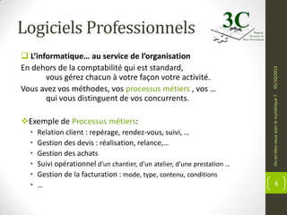 Exemple de Processus métiers:
•
•
•
•
•
•

Relation client : repérage, rendez-vous, suivi, …
Gestion des devis : réalisation, relance,…
Gestion des achats
Suivi opérationnel d’un chantier, d’un atelier, d’une prestation …
Gestion de la facturation : mode, type, contenu, conditions
…

Ou en êtes-vous avec le numérique ?

 L’informatique… au service de l’organisation
En dehors de la comptabilité qui est standard,
vous gérez chacun à votre façon votre activité.
Vous avez vos méthodes, vos processus métiers , vos …
qui vous distinguent de vos concurrents.

05/10/2013

Logiciels Professionnels

6

 