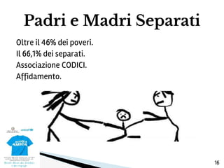 Oltre il 46% dei poveri.
Il 66,1% dei separati.
Associazione CODICI.
Affidamento.
Padri e Madri Separati
16
 