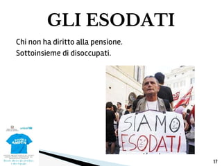 GLI ESODATI
Chi non ha diritto alla pensione.
Sottoinsieme di disoccupati.
17
 