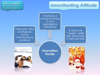 Lettura consigliata
Steve Rosenbaum:
Curation Nation
                                         InnovHunting Attitude

                                    Trasforma il
                                  rumore di fondo
                                       in una
                                    segnaletica
                                     interattiva
             Intercetta, filtra
                                                       Si abitua al
                e integra le
                                                     “meglio” della
                   nuove
                                                    rete: personale,
              informazioni e
                                                     e task-oriented
                 contenuti



                                   Innovation
                                     Hunter
 