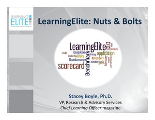 LearningElite: Nuts & Bolts 
Stacey Boyle, Ph.D. 
VP, Research & Advisory Services 
Chief Learning Oﬃcer magazine 
 