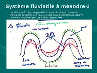 33--Système fluviatile à méandreSystème fluviatile à méandre::
Les chenaux à méandre possèdent des pools (zones profondes)
limités par des berges en falaise et des barres sédimentaires (barre
de méandre) jointés par des Riffles (Berges fixes)
 