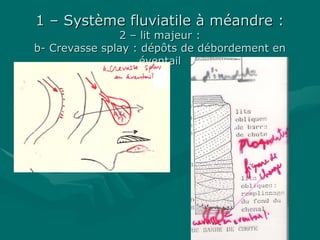1 – Système fluviatile à méandre :1 – Système fluviatile à méandre :
2 – lit majeur :2 – lit majeur :
b- Crevasse splay : dépôts de débordement enb- Crevasse splay : dépôts de débordement en
éventailéventail
 