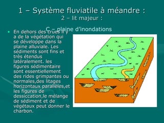 1 – Système fluviatile à méandre :1 – Système fluviatile à méandre :
2 – lit majeur :2 – lit majeur :
C – plaine d’inondations• En dehors des crues il yEn dehors des crues il y
a de la végétation quia de la végétation qui
se développe dans lase développe dans la
plaine alluviale. Lesplaine alluviale. Les
sédiments sont fins etsédiments sont fins et
très étendustrès étendus
latéralement. leslatéralement. les
figures sédimentairefigures sédimentaire
sont essentiellementsont essentiellement
des rides grimpantes oudes rides grimpantes ou
normales,des litagesnormales,des litages
horizontaux parallèles,ethorizontaux parallèles,et
les figures deles figures de
dessiccation,le mélangedessiccation,le mélange
de sédiment et dede sédiment et de
végétaux peut donner levégétaux peut donner le
charbon.charbon.
 