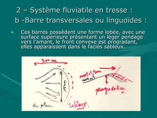 2 – Système fluviatile en tresse :2 – Système fluviatile en tresse :
b -Barre transversales ou linguoïdes :b -Barre transversales ou linguoïdes :
• Ces barres possèdent une forme lobée, avec uneCes barres possèdent une forme lobée, avec une
surface supérieure présentant un léger pendagesurface supérieure présentant un léger pendage
vers l’amant, le front convexe est progradant,vers l’amant, le front convexe est progradant,
elles apparaissent dans le faciès sableux.elles apparaissent dans le faciès sableux.
 