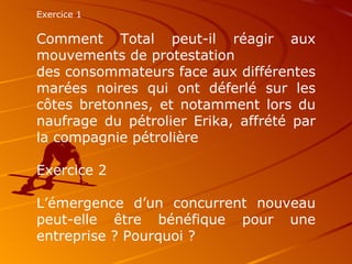 Exercice 1 Comment Total peut-il réagir aux mouvements de protestation des consommateurs face aux différentes marées noires qui ont déferlé sur les côtes bretonnes, et notamment lors du naufrage du pétrolier Erika, affrété par la compagnie pétrolière Exercice 2 L’émergence d’un concurrent nouveau peut-elle être bénéfique pour une entreprise ? Pourquoi ? 