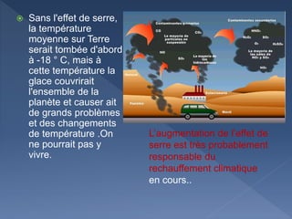  Sans l'effet de serre,
la température
moyenne sur Terre
serait tombée d'abord
à -18 ° C, mais à
cette température la
glace couvrirait
l'ensemble de la
planète et causer ait
de grands problèmes
et des changements
de température .On
ne pourrait pas y
vivre.
L’augmentation de l’effet de
serre est très probablement
responsable du
rechauffement climatique
en cours..
 